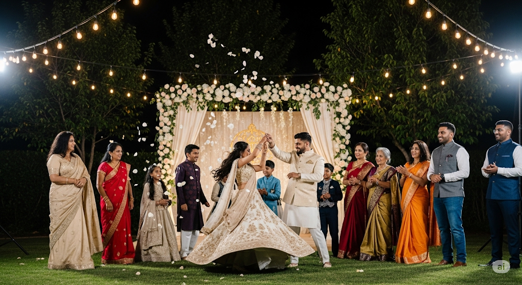 Modern couple with family during wedding rituals