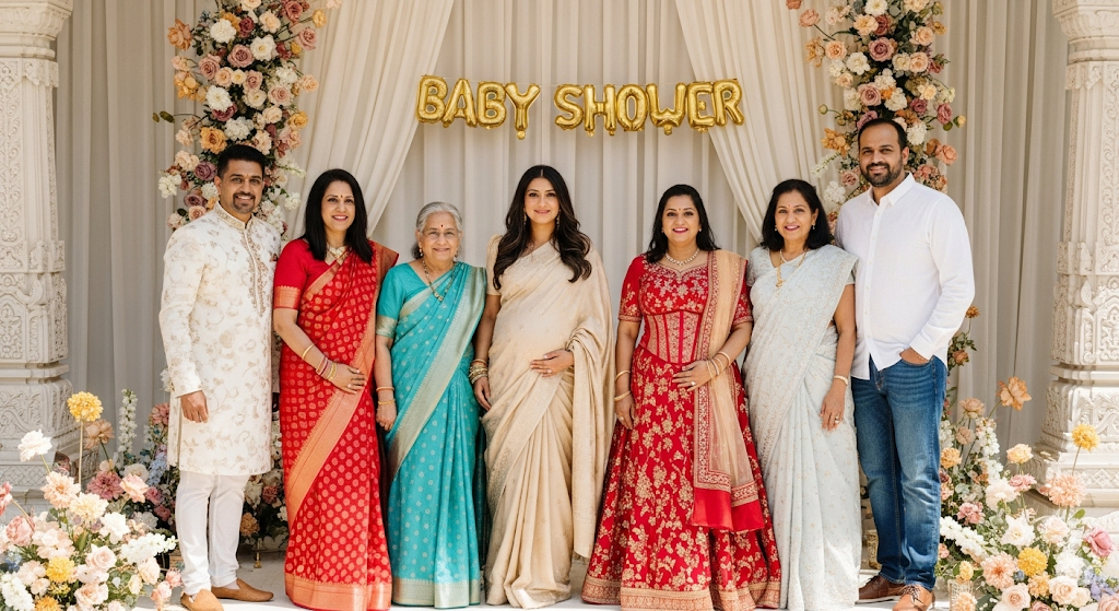 Family celebrating Godh Bharai baby shower